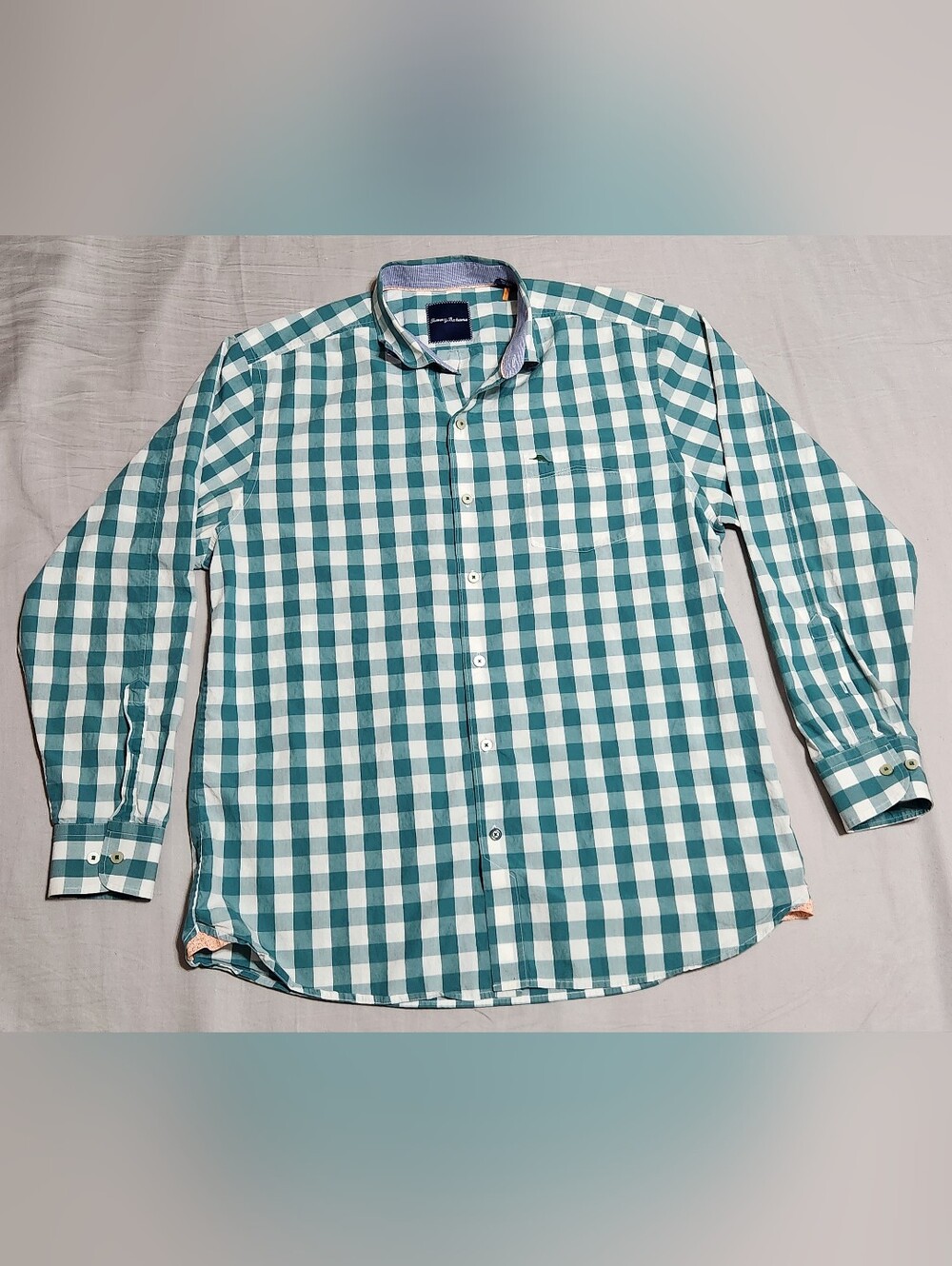Tommy Bahama Teal and White Gingham Button-Down Shirt